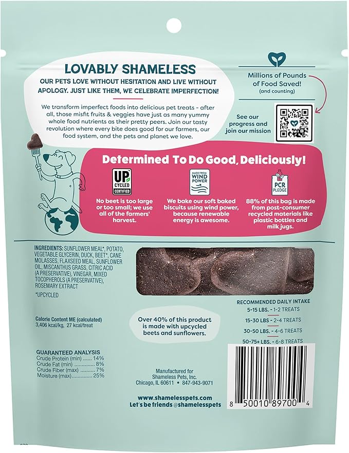 Shameless Pets Soft-Baked Dog Treats, Duck Duck Beet - Natural & Healthy Dog Chews for Digestive Support with Fiber - Dog Biscuits Baked & Made in USA, Free from Grain, Corn & Soy - 1-Pack
