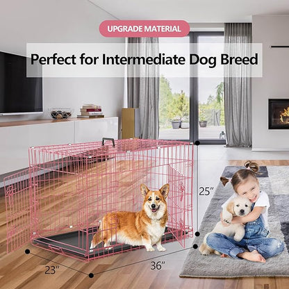Dog Crate, 24/30/36/42/48 Inch Dog Crates for Small Medium Large Dogs Indoor, Folding Metal Dog Kennel Dog Cage with Double-Door, Divider Panel, Removable Tray, Locks and Handle, (36 Inch, Pink)