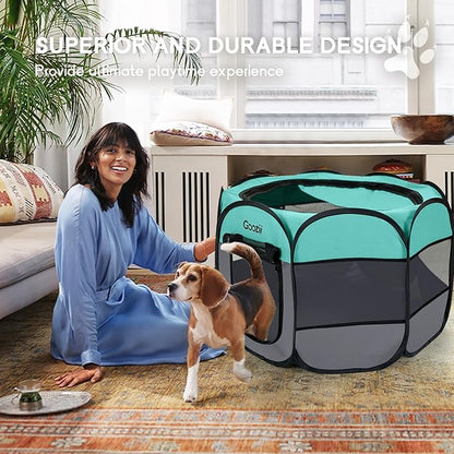 Goozii Pet Cat Playpen for Indoor Cats Enclosed, Puppy Dog Play Pen for Outdoor Travel Camping (Small Size, Green & Dark Grey)