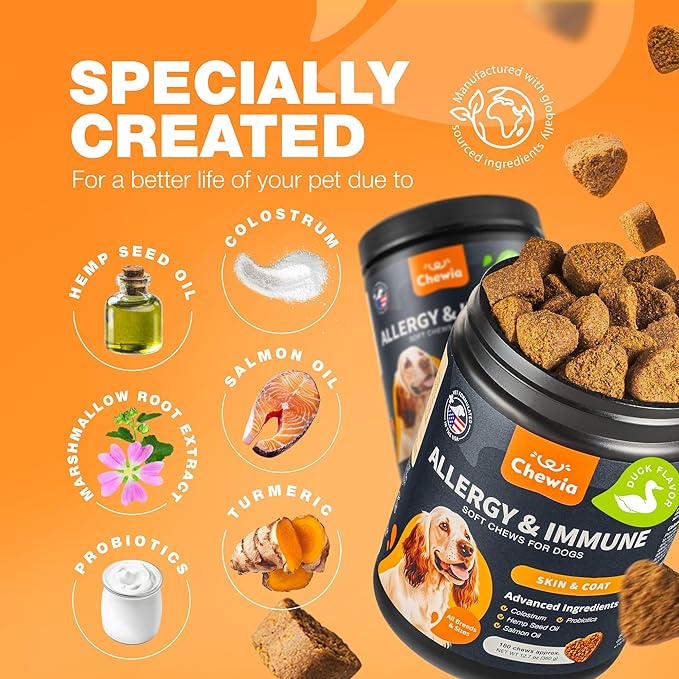 Dog Allergy Relief Chews - Itch Relief for Dogs - 180 Allergy Chews for Itching Skin with Probiotics, Colostrum, Salmon Oil - Allergy, Skin and Coat, Immune, Digestion Support Supplement - Hot Spots