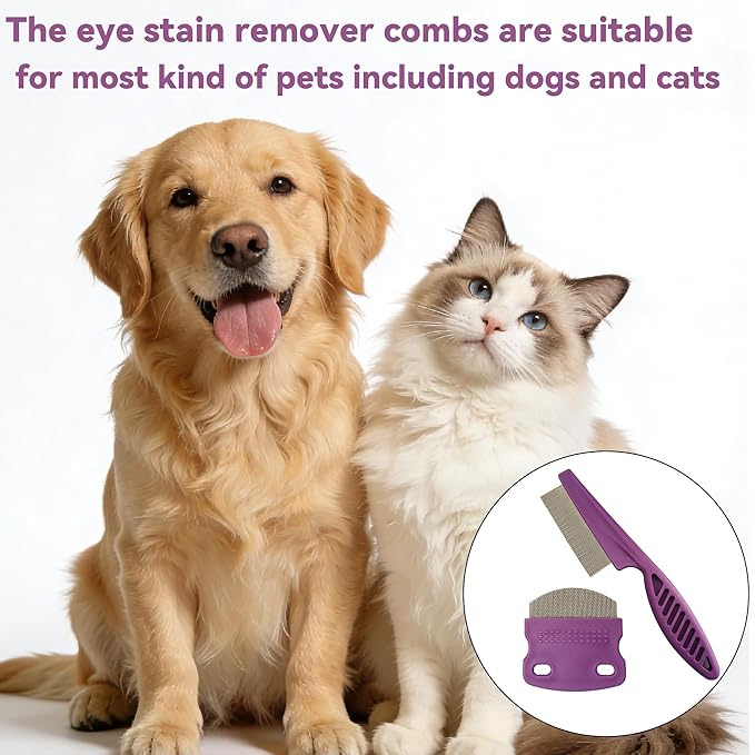 2 Pack Professional Pets Eye Combs,Pets Grooming Comb Kit,Stainless Steel Tear Stain Remover for Cats & Dogs,Flea Lice Comb,Gentle Curved Comb Teeth,Precisely Removes Stains (Pet comb set)