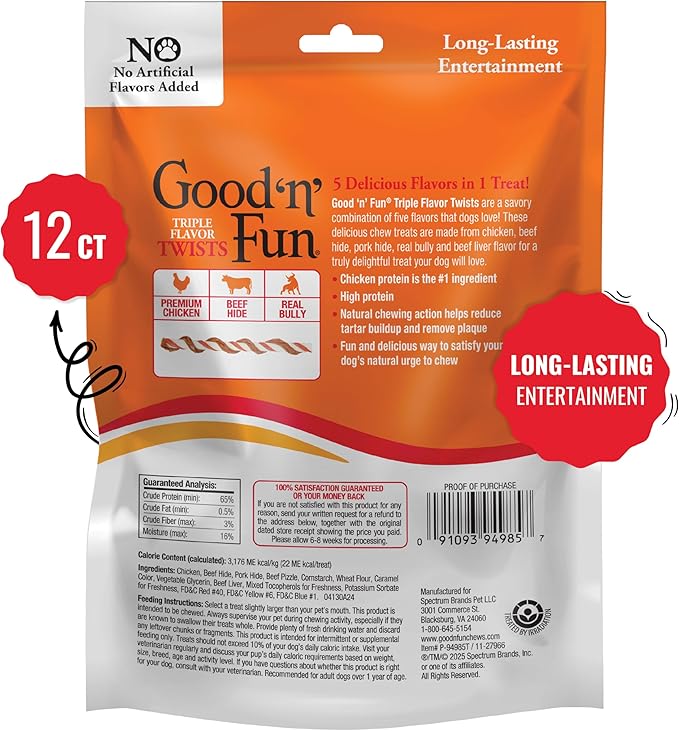 GOOD 'N' FUN Triple Flavor Twists with Bully Chews, 12 Count, High-Protein Dog Treat for All Adult Dogs, Made with Real Chicken, Beef Hide, Pork Hide, Bully & Beef Liver Flavor