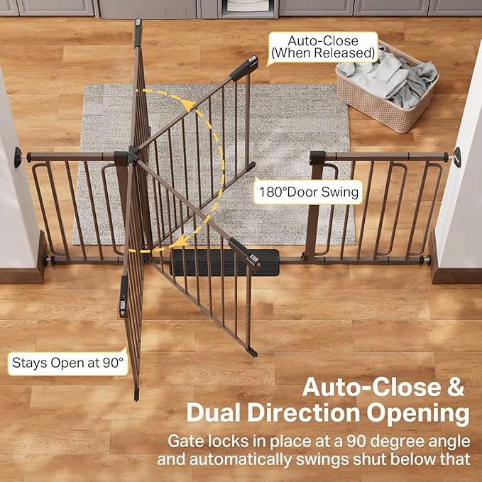 Cumbor 36.6-64" Extra Wide Baby Gate for Stairs, Dog Gates for Doorways, Auto-Close Pet Gate Indoor, Pressure Mounted Walk Through Safety Child Gate for Kids Toddler, Tall Pet Puppy Fence Gate, Brown