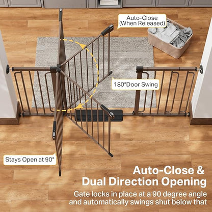 Cumbor 36.6-64" Extra Wide Baby Gate for Stairs, Dog Gates for Doorways, Auto-Close Pet Gate Indoor, Pressure Mounted Walk Through Safety Child Gate for Kids Toddler, Tall Pet Puppy Fence Gate, Brown