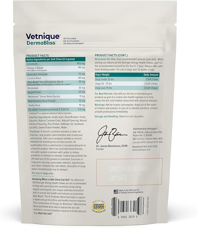Vetnique DermaBliss Dog Allergy Chews for Seasonal Allergy Itch Relief, Skin & Gut Health with Probiotics and Omega 3 Blend - Advanced or Regular Strength (30ct, Advanced Strength Chews)