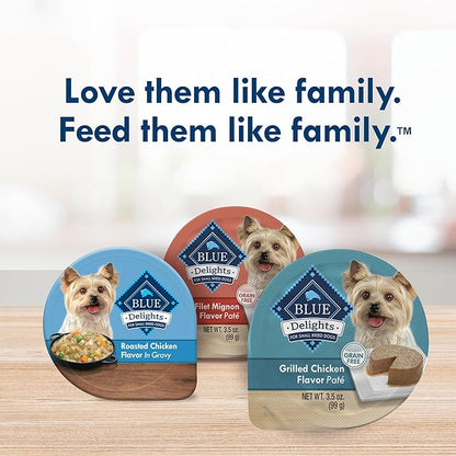 Blue Buffalo Delights Natural Adult Small Breed Wet Dog Food Cups, Pate Style, Grilled Chicken Flavor in Savory Juice 3.5-oz (Pack of 12)