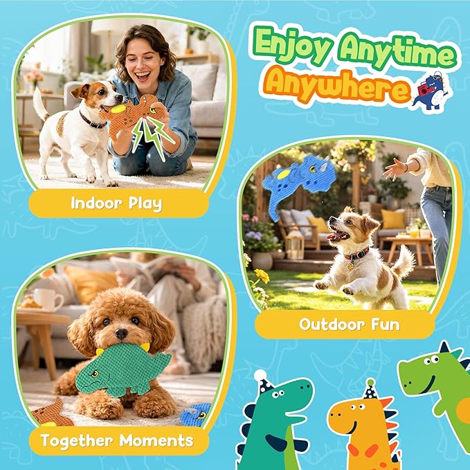 KIPRITII Dinosaur No-Stuffing Dog Squeaky Toys to Keep Dogs Busy, 3-Pack Puppy Toys for Interactive Play & Boredom Relief