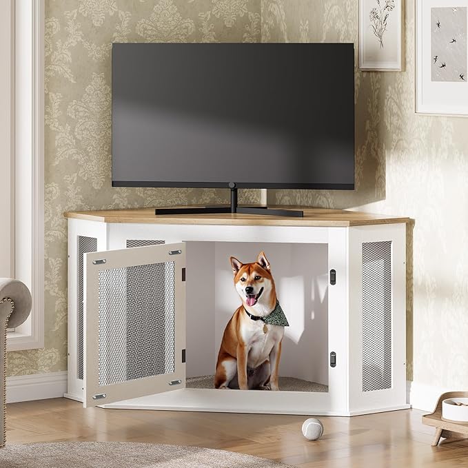 MAHANCRIS Corner Dog Crate Furniture, Wooden Dog Kennel End Table, Decorative Pet Crate Indoor Use, Furniture Style Dog House for Small Medium Dog, Dog Cage TV Stand, White and Natural DCBN0801