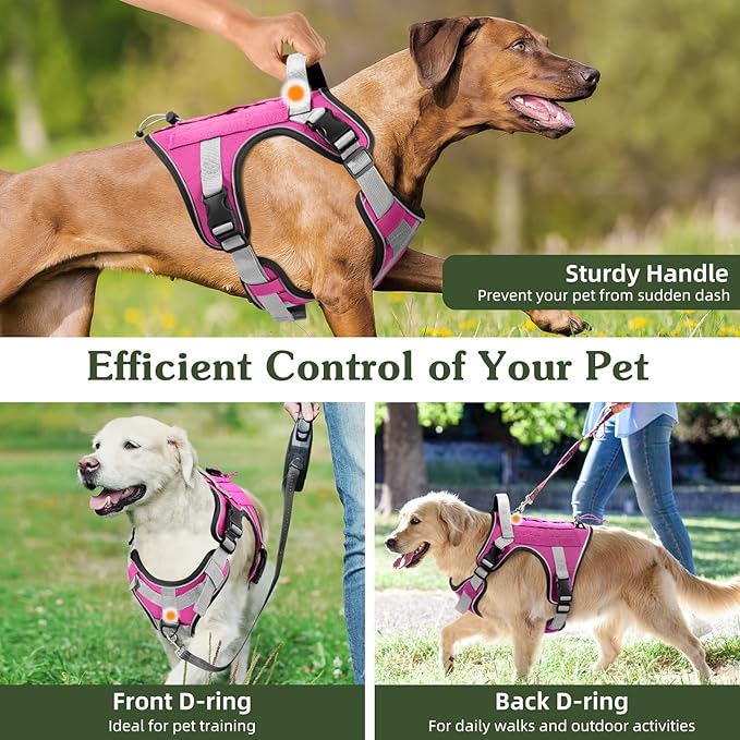 VavoPaw Heavy Duty Tactical Dog Harness for Large Dogs, No Pull Adjustable Pet Harness Reflective Service Training Easy Control Pet Vest Military K9 Working Dog Harnesses, Pink, L