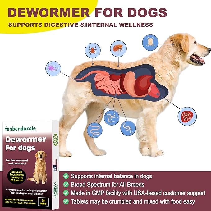 Dewormer for Dogs, Fenbendazole for All Wormers, Tapeworms, Roundworms, Hookworms and Whipworms, 24 Count(Pack of 1)