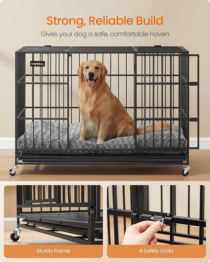 Feandrea Heavy-Duty Dog Crate, 5-Minute Quick Assembly, Foldable Dog Kennel Cage with Lockable Wheels, Double Doors, Escape Proof Fixed Bottom, Removable Tray, Easy to Clean, Ink Black, 48 Inch
