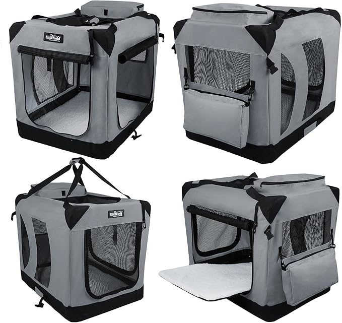 EliteField 3-Door Folding Soft Dog Crate with Carrying Bag and Fleece Bed (2 Year Warranty), Indoor & Outdoor Pet Home (30" L x 21" W x 24" H, Light Gray)