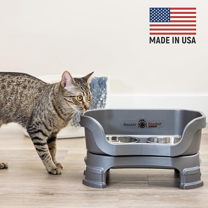 Neater Feeder Deluxe Mess-Proof Elevated Cat Bowls, 2 Height Adjustable (6” & 7.5”) No-Spill Raised Cat Bowl Stand, Whisker Friendly Stainless Steel Dishes for Indoor Cats, Made in USA, Grey