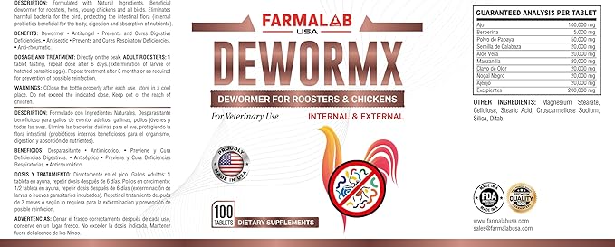 Farmalab Natural Dewormer Internal & External 100 Tabs Poultry NO Egg Withdrawal Needed - Vitamin for Poultry Rooster Hen Chicken Baby Chick