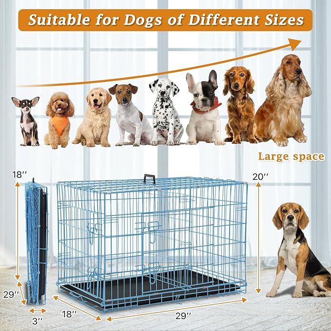 Dog Crate, Folding Portable Outdoor Large Two Door Metal Cat Dog Cage with ABS Tray LC Panel Floor Protecting Feet Wire Animal Pet Dog Kennel with Divider