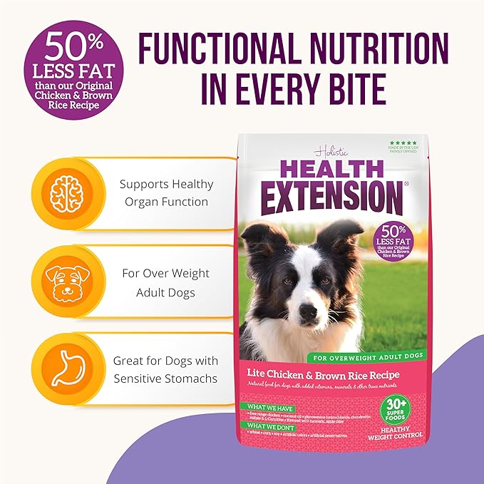 Health Extension Lite Chicken & Brown Rice Dry Dog Food, Low Fat Formula Supports Healthy Weight, with Probiotics & Superfoods for Digestion & Coat Health (4 lb)