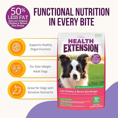 Health Extension Lite Chicken & Brown Rice Dry Dog Food, Low Fat Formula Supports Healthy Weight, with Probiotics & Superfoods for Digestion & Coat Health (4 lb)