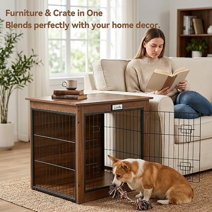 Walnut Dog Crate Furniture with Reversible Side Door, 28inch Wooden Indoor Dog Kennel for Small Medium Dogs, End Table Dog Crate with Double Locks & Steel Mesh, Furniture Style Dog Cage