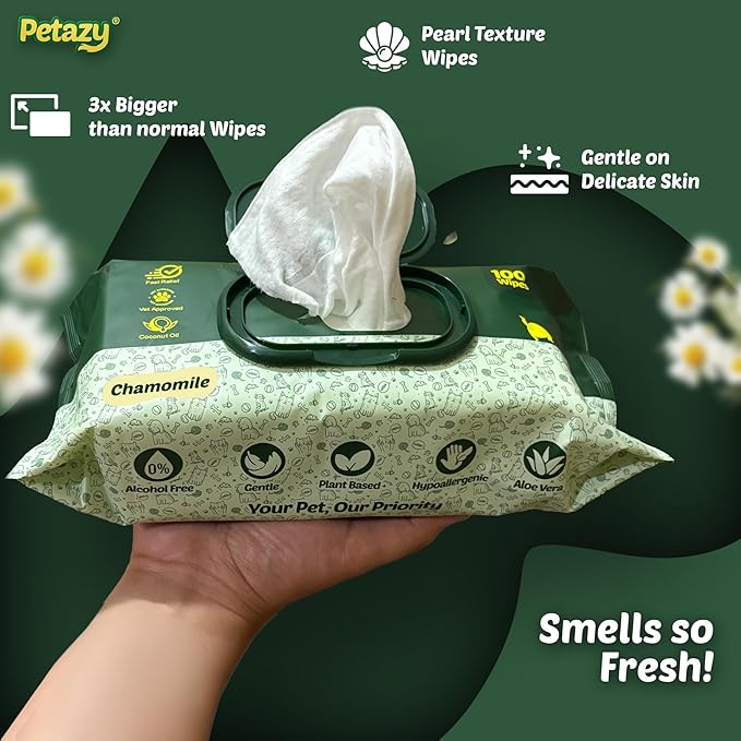 Petazy Dog Wipes for Paws and Butt – 100 Count (8x8in) Hypoallergenic, Deodorizing Pet Wipes for Dogs and Cats | Extra Large, Plant-Based, Chamomile Scented | Travel Size, Single On-the-Go Pack