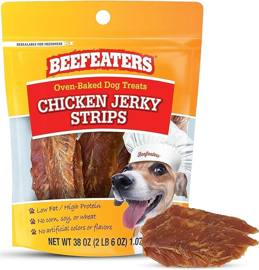 Beefeaters Chicken Jerky Strips for Dogs 38oz, 100% Real Chicken Breast, Oven-Baked, Grain-Free Dog Treats for Training & Rewards, High Protein, Low Fat, Resealable Bag, Allergy-Friendly