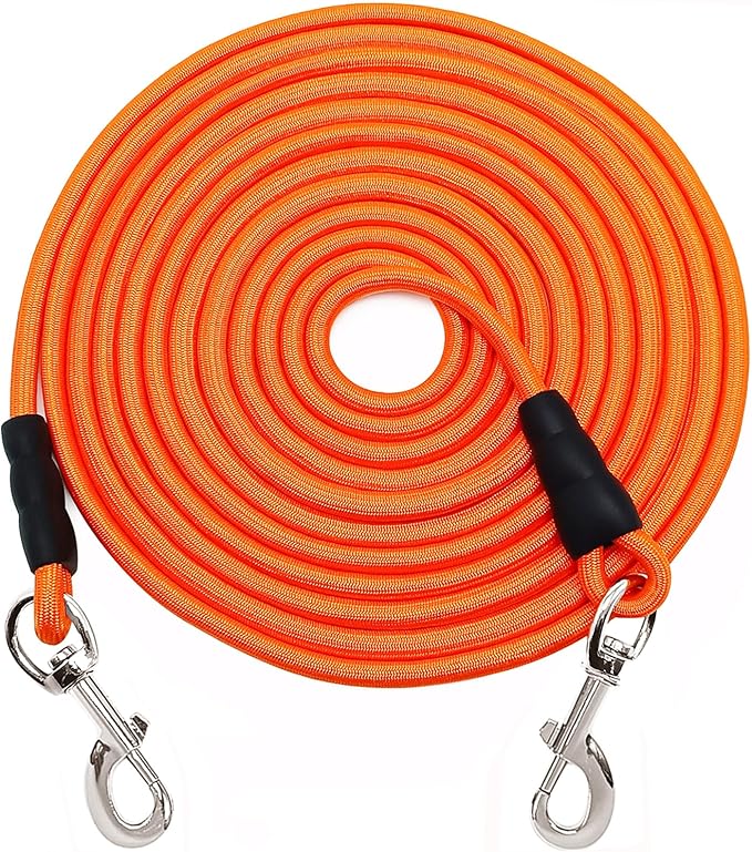 20FT Dog Tie Out Leash, Long Tether 15ft 30ft 50ft 65ft Nylon Rope Check Cord for Medium Large Dogs Indoor/Outdoor Playing Camping Backyard (Orange, 3/8")