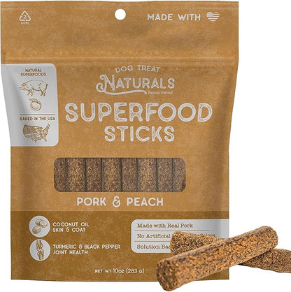 Dog Treat Naturals Superfood Sticks, Pork & Peach, 10oz Bag | Dog Chew Sticks | All-Natural, Pet Training Treats | Joint-Skin-Coat Health | USA Made