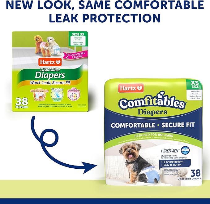 Hartz Comfitables Disposable Dog Diapers, Size XS 38 count, Comfortable & Secure Fit, Easy to Put On, Super Absorbent Male and Female Diaper
