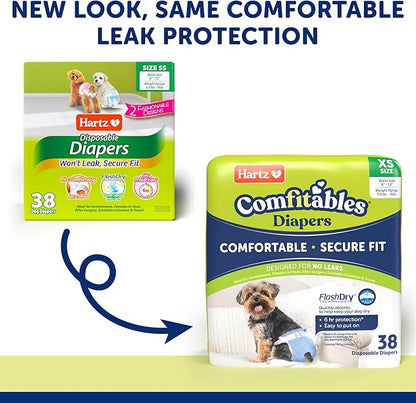 Hartz Comfitables Disposable Dog Diapers, Size XS 38 count, Comfortable & Secure Fit, Easy to Put On, Super Absorbent Male and Female Diaper