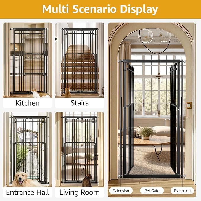 78.8" Extra Tall Cat Gate, 28.3-33" Wide Cat Door for Stairs, Pressure Mounted Easy Walk Through Safety Metal Pet Door for Doorway, No Drilling Pet Gate for Dogs (Black)