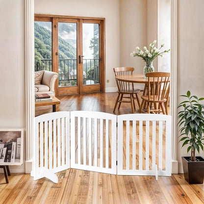 Freestanding Pet Dog Gate 24 Inch Foldable Dog Fence Indoor 3 Panel Extra Wide Wooden Door for Stairs Hallways Doorways