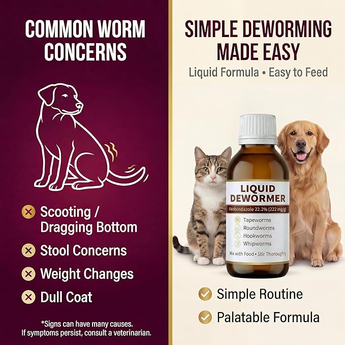Liquid Dewormer for Cats and Dogs - Fenbendazole 22.2% Cat Dewormer & Dog Dewormer - Targets Tapeworms, Roundworms, Hookworms, Whipworms - Broad Spectrum Worm Medicine - 100mL