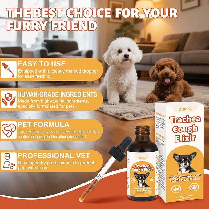 Collapsed Trachea Treatment for Dogs, Dog Cough Treatment, Trachea Cough Elixir, Natural Herbs Help Dogs Breathe Smoothly and Support Tracheal & Respiratory Health - 59mL