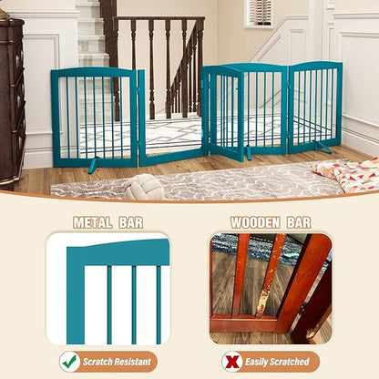PUPETPO Freestanding Dog Gate with Door, Pet Gate for Stairs, 80 inch Wide Pet Barrier Indoor, Dog Fences Indoor, Support Feet Included, 4 Panels, 24" Tall, Blue