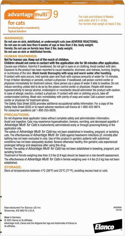 Advantage Multi for Cats 5-in-1 Heartworm Prevention | Kills Fleas & More | Cats 5.1-9 lbs. | 6-Month Supply