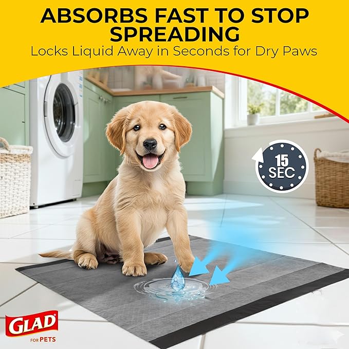 Glad for Pets Black Charcoal Puppy Pads, All-in-One | Puppy Potty Training Pads That Absorb & NEUTRALIZE Urine Instantly | New & Improved Quality Puppy Pee Pads, 14 Count