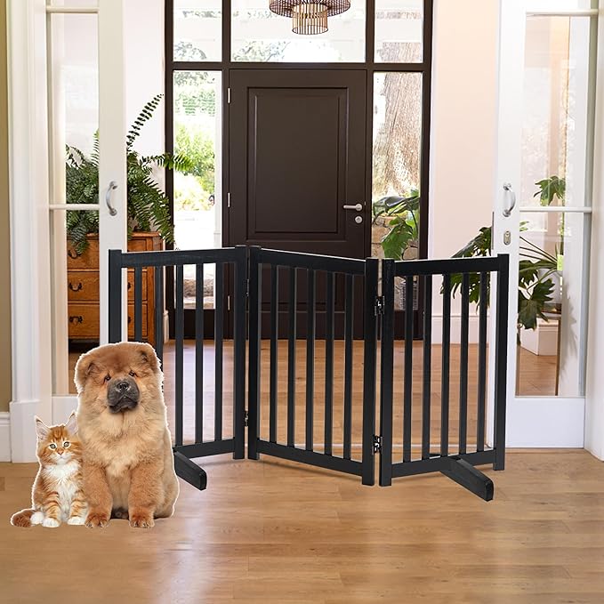 LZRS Freestanding Dog Gate 30 inch Tall - 3 Panels Solid Wooden Pet Gate for Doorways, Stairs & Hallways, Expandable & Foldable with Support Feet，Indoor Use,Black