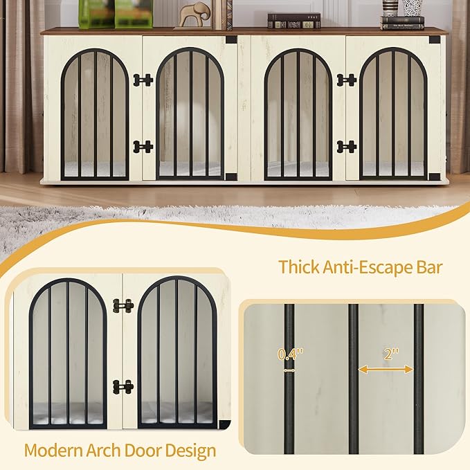 Hzuaneri 63" Dog Crate Furniture for 2 Dogs, Heavy Duty Indoor Dog Kennel TV Stand, L Wooden Dog Cage with Divider for Medium Large Dogs, End Table Dog Crate with Cushion, White Brown DFC80914BV1