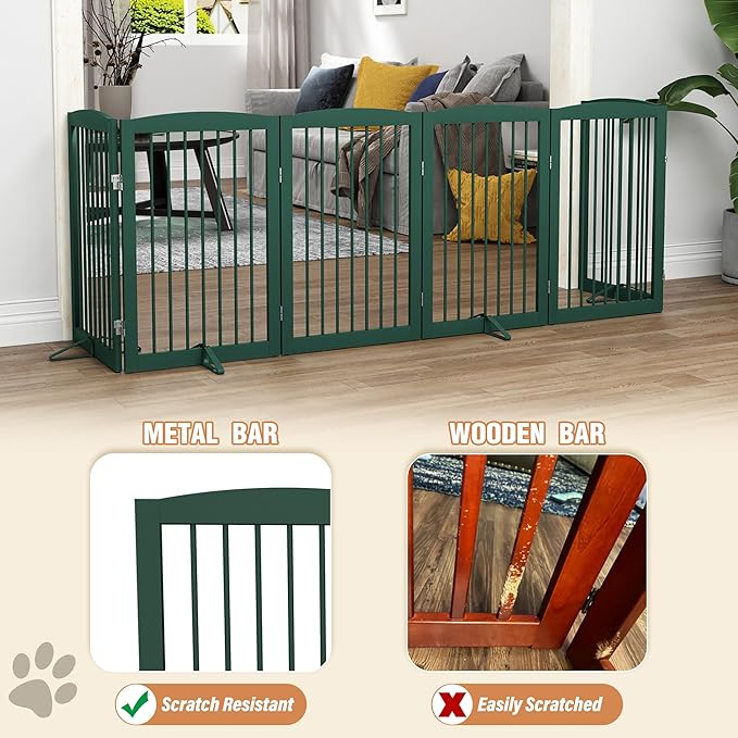 PUPETPO Freestanding Pet Gate for Dogs, Foldable Wooden Dog Gate for House, Extra Wide Indoor Pet Barrier for Stair, Doorway, Hall, Support Feet Included, 120 Inch Wide, 6 Panels 24",Green