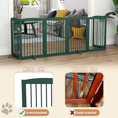 PUPETPO Freestanding Pet Gate for Dogs, Foldable Wooden Dog Gate for House, Extra Wide Indoor Pet Barrier for Stair, Doorway, Hall, Support Feet Included, 120 Inch Wide, 6 Panels 24",Green