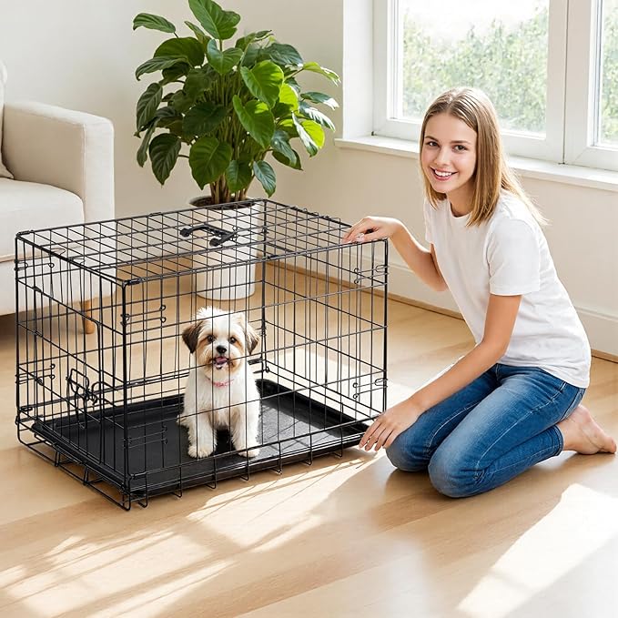DUMOS Dog Crate, 24 Inch Small Single Door Dog Cage with Plastic Leak-Proof Pan Tray, Folding Metal Wire Pet Kennel for Indoor, Outdoor, Travel