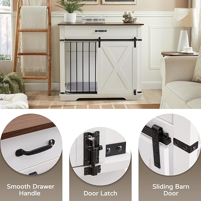 37.8" Furniture Style Dog Crates with Drawer, Farmhouse Wooden Dog Kennel Furniture with Sliding Barn Door & Water Resistant for Small/Medium/Large Dog, White