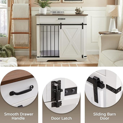37.8" Furniture Style Dog Crates with Drawer, Farmhouse Wooden Dog Kennel Furniture with Sliding Barn Door & Water Resistant for Small/Medium/Large Dog, White