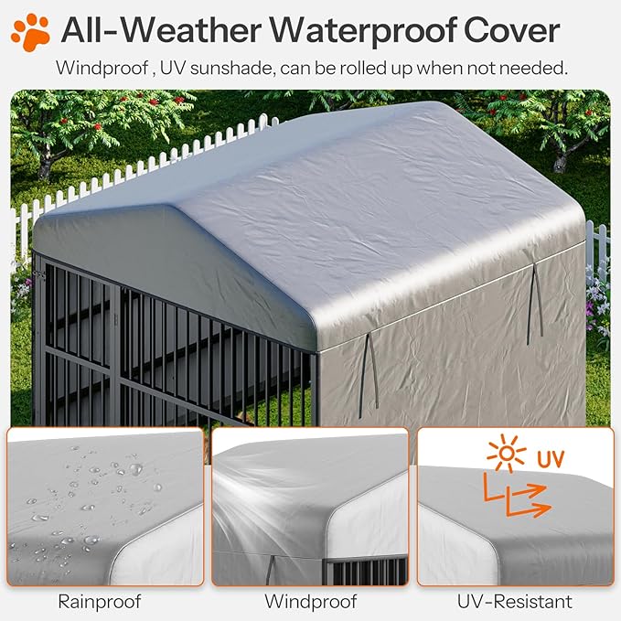 HOOBRO Outdoor Dog Kennel with Cover, 6.6 x 6.6 x 6.4 ft Dog Kennel Outside with Waterproof Roof and Rotating Feeding Bowls, Heavy-Duty Large Cage Enclosure, for Medium & Large Dogs, Black BK220GW03