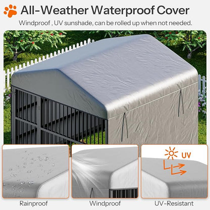 HOOBRO Outdoor Dog Kennel with Cover, 6.6 x 6.6 x 6.4 ft Dog Kennel Outside with Waterproof Roof and Rotating Feeding Bowls, Heavy-Duty Large Cage Enclosure, for Medium & Large Dogs, Black BK220GW03
