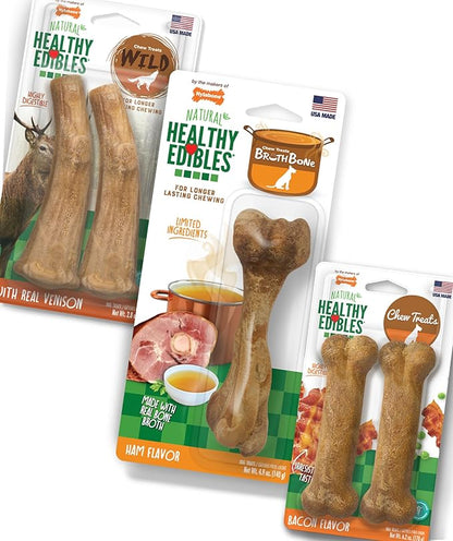 Nylabone Healthy Edibles Natural Dog Chews, Long Lasting Bones for Dogs, Ham, Bacon, & Venison Flavor Dog Treats, Medium (5 Count)