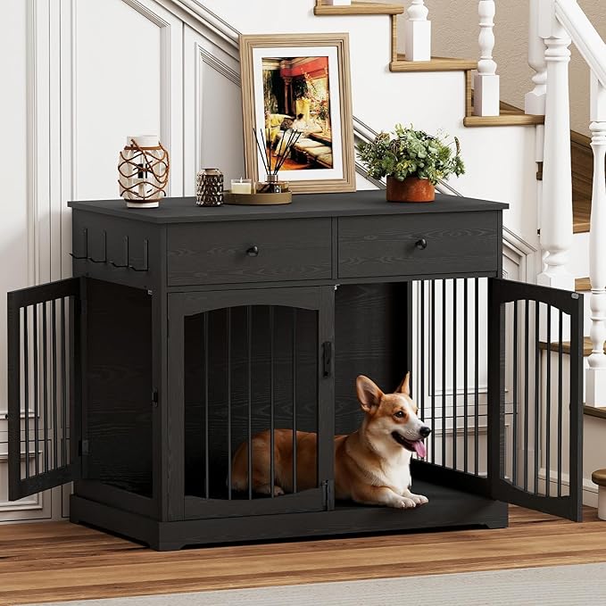Dog Crate Furniture, Wooden Dog Kennel Furniture, Heavy-Duty Dog Crate End Table with Storage Drawers, Double Doors Decorative Pet Cage House Indoor for Small Medium Dog, 40Inch, Black