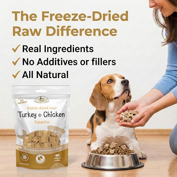 Fieldcrest Farms Freeze-Dried Raw Turkey & Chicken Dog Food Toppers or Treats, All Natural Real Ingredients, No Additives or Fillers, Protein & Flavor Boost, 12 oz