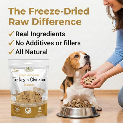 Fieldcrest Farms Freeze-Dried Raw Turkey & Chicken Dog Food Toppers or Treats, All Natural Real Ingredients, No Additives or Fillers, Protein & Flavor Boost, 12 oz