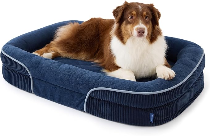 Bedsure L Plus Orthopedic Dog Beds Large Sized Dog - 360° Oval Bolster Large Dogs Bed for Senior Dogs with Waterproof Washable Cover, Big Comfort Pet Sofa Couch with Ultra-Soft Fleece, Navy Blue, 38"