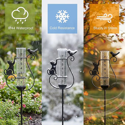 Rain Gauge Outdoor, Cat & Bird Rain Gauges Outdoor Best Rated Decorative for Garden Yard Lawn with Easy-Read 7" Tube, Accurate Rainfall Measurement